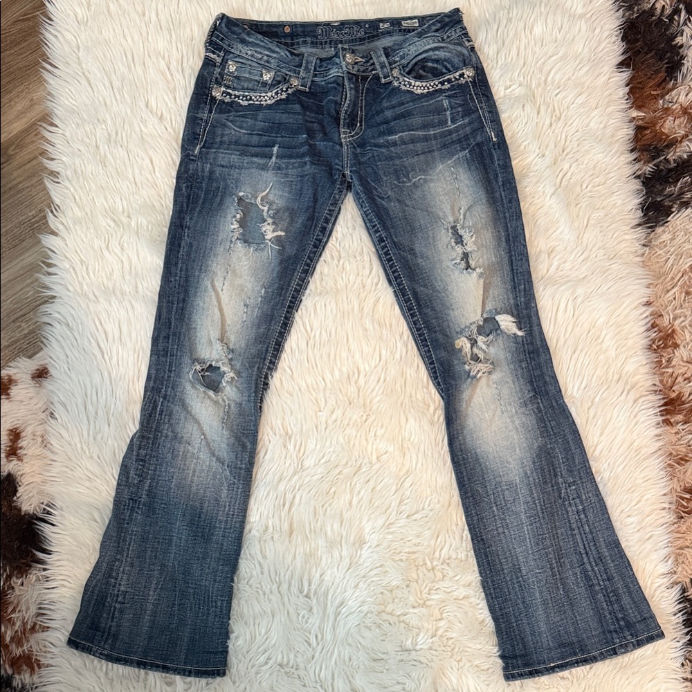 Miss Me Distressed Flare Jeans with Chain Detail